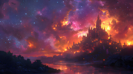 There is a huge castle under the purple sky with numerous stars. Generative AI