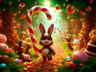 A fantasy garden with chocolate bunnies, candy cane archway and jelly bean path, Wall Art for Home Decor