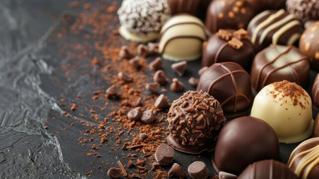luxurious assortment of gourmet chocolate pralines on a rich, dark chocolate background, food photography