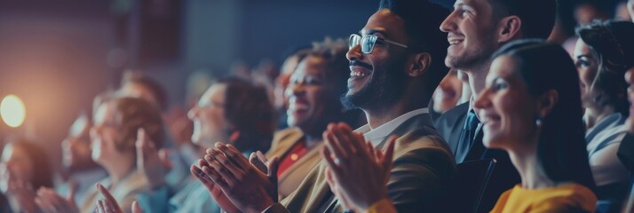 Applauding Audience at a Formal Event. Smiling diverse audience clapping hands at an indoor event, with focus on people in the foreground.