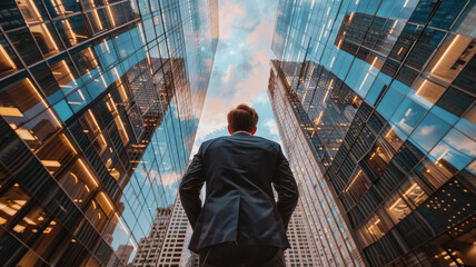Ambitious Professional Amidst Urban Giants. A businessman in a suit gazes up at the towering...