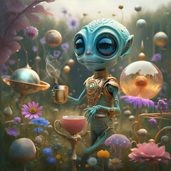 funny cutest alien  with huge eyes in golden dress drinking a tea  around blossom flowers. close up. Ai generated - 765262789