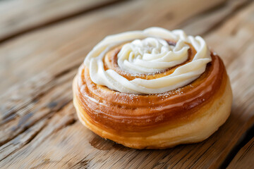 Close-Up Freshly Made Cinnamon Roll With White Frosting On A Wooden Table In Restaurant Interior, Bakery Food Photography, Food Menu Style Photo Image