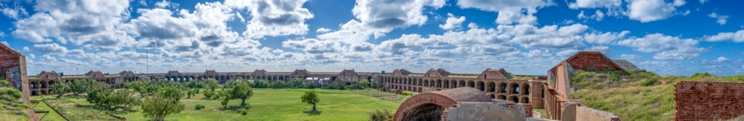 Fototapeta na wymiar Panoramic of the inner ruined courtyard of Fort Jefferson on Dry Tortugas National Park.