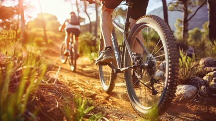 Mountain biking adventure on a rugged trail, showcasing the thrill of outdoor sports - obrazy, fototapety, plakaty