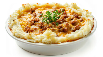 Shepherd's pie with creamy mashed potato topping, Traditional and comforting, Minimalistic presentation on a white background