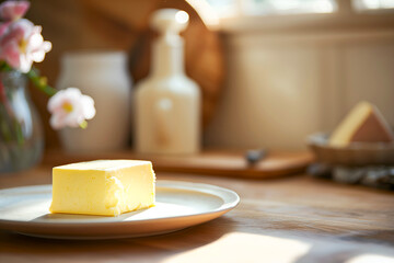 Close-Up Delicious Butter Decorated On A White Plate In Home Interior, Food Photography, Food Menu Style Photo Image