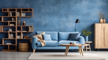 A blue living room furnished with a sofa and shelf