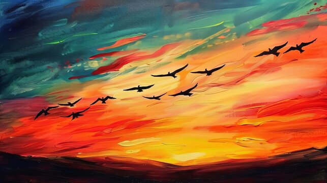 silhouetted birds soaring across vibrant sunset sky, tranquil nature landscape acrylic painting