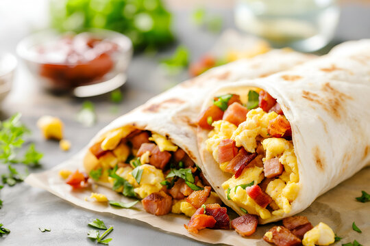 Close-Up Freshly Made Breakfast Burrito Filled With Scrambled Eggs And Bacon In Home Interior, Breakfast Food Photography, Food Menu Style Photo Image