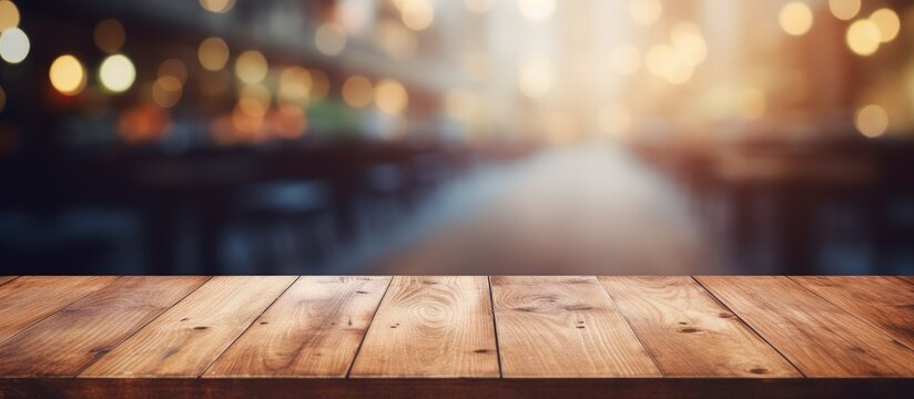 An image featuring a wooden table top with a backdrop of out-of-focus lights creating a warm and cozy atmosphere