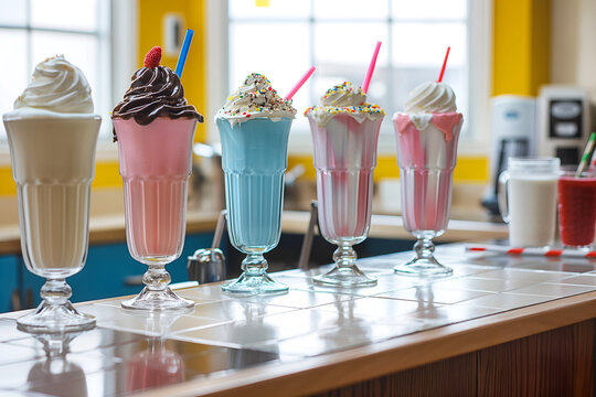Close-Up An Assortment Of Milkshakes On A Diner Countertop Interior, Beverage Photography, Milkshake Drinks Menu Style Photo Image
