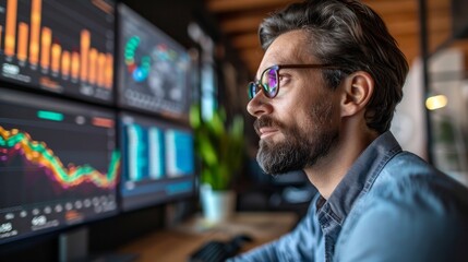 A data analyst in a tech hub analyzing consumer behavior patterns on multiple screens