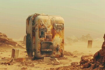 A dystopian science fiction scene with a futuristic refrigerator left in a dusty, sandy wasteland of a post-apocalyptic desert, with shards of civilization strewn all around it. - obrazy, fototapety, plakaty