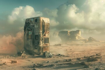 An abandoned futuristic refrigerator amid a dusty, sandy, post-apocalyptic desert wasteland with shards of civilization surrounding it is depicted in this dystopian science fiction scene. - obrazy, fototapety, plakaty