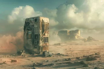 Foto op Canvas An abandoned futuristic refrigerator amid a dusty, sandy, post-apocalyptic desert wasteland with shards of civilization surrounding it is depicted in this dystopian science fiction scene. © Hamza