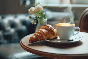Close-Up Croissant With A Cup Of Steaming Coffee On A Table With Rich Aroma In Food Restaurant Interior, Beverage Photography, Food Menu Style Photo Image