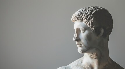 Ancient Greek marble sculpture of a man, classic example of art history and antiquity, photo with copy space
