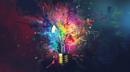 Colorful exploding light bulb with paint splashes in digital art style - obrazy, fototapety, plakaty