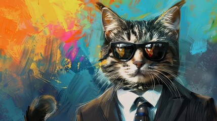 Cool cat wearing sunglasses and suit with tie in digital painting style