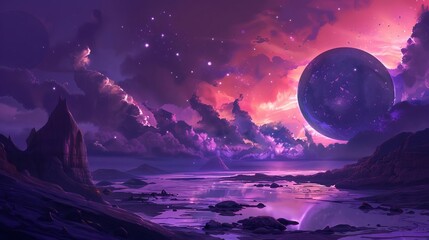Cosmic landscape with planets, stars, and nebulae, awe-inspiring view, digital painting