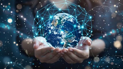 Global connectivity Woman's hands holding planet Earth, surrounded by network of connections