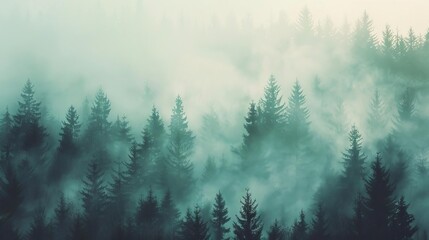 Misty landscape with fir forest in vintage retro style photography