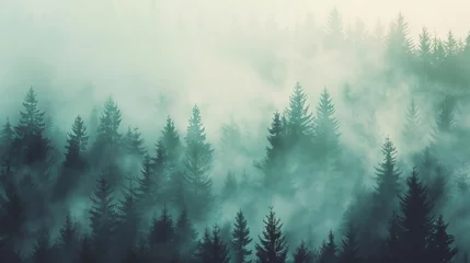 Tuinposter Sprookjesbos Misty landscape with fir forest in vintage retro style photography