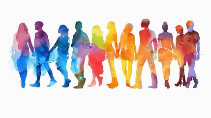 Obraz premium Multicolored spectrum silhouettes of diverse people on white background, vibrant watercolor painting
