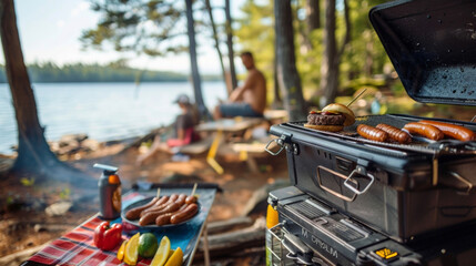 A camper unpacks a portable grill to cook up some burgers and hot dogs for a lakeside picnic with fellow adventurers.