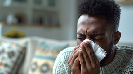 A man sick with a cold or allergies with a tissue held up to his nose. 