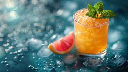Chilled Citrus Cocktail With Mint Leaf And Sparkling Droplets - obrazy, fototapety, plakaty