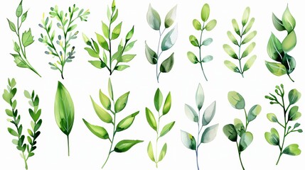 Watercolor green leaves, greenery, branches and twigs floral set, hand-drawn PNG clipart on transparent background