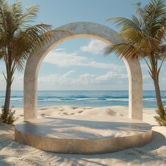 Minimalist podium on a summer beach in 3D Blender ideal for showcasing products