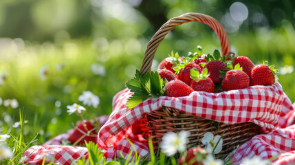 Fototapeta na wymiar The sweet scent of strawberries fills the air adding a touch of summer romance to our picnic as we share verses and sonnets with each other.