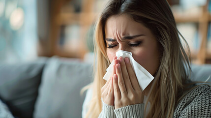 A woman sick with a cold or allergies with a tissue held up to her nose.  - obrazy, fototapety, plakaty