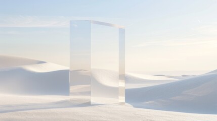 A 3D-rendered concept of a modern transparent acrylic podium standing in a minimalist desert landscape