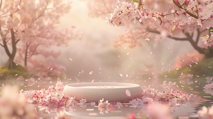 An illustration of a delicate porcelain podium in the middle of a blooming cherry blossom garden. The petals fall gently around it creating a soft