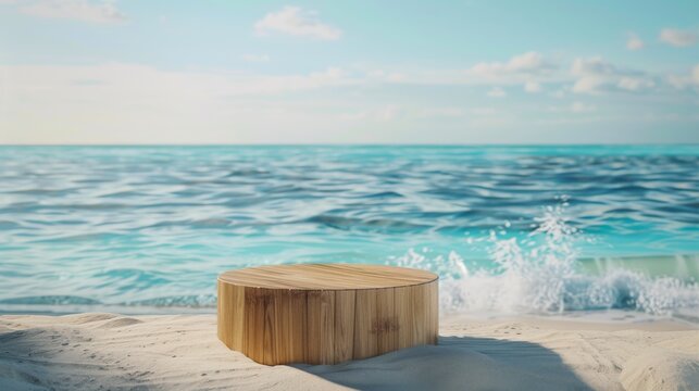 a minimalist podium crafted from bamboo set on a sandy beach with crystal-clear waters in the background