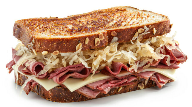 Classic Reuben sandwich with corned beef, sauerkraut, Swiss cheese, and Russian dressing on rye bread