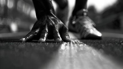 The energy and drive of a sprinter encapsulated in the way their fingertips grip the starting block poised for takeoff.