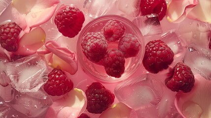 A bowl of raspberries and ice cubes