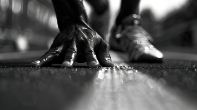The energy and drive of a sprinter encapsulated in the way their fingertips grip the starting block poised for takeoff.
