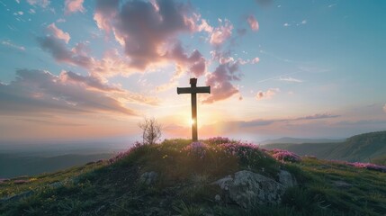 Christian cross on hill outdoors at sunset. Crucifixion Of Jesus - obrazy, fototapety, plakaty