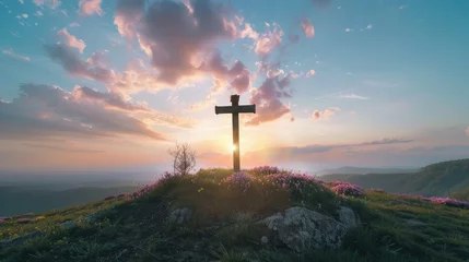 Foto op Plexiglas Christian cross on hill outdoors at sunset. Crucifixion Of Jesus © buraratn