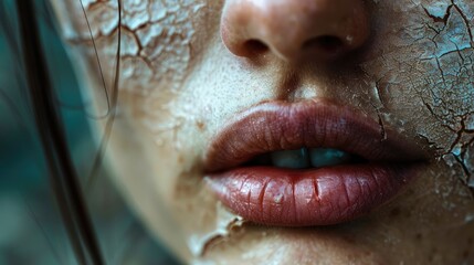 Close up of chapped, cracked lips, dry skin problem with face disease before - obrazy, fototapety, plakaty