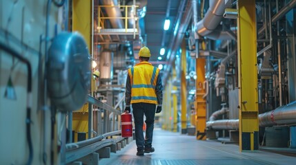 male occupational health and safety officer inside factory doing inspection