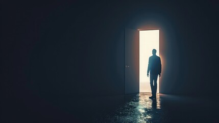 Man getting out from the darkness opening door - obrazy, fototapety, plakaty
