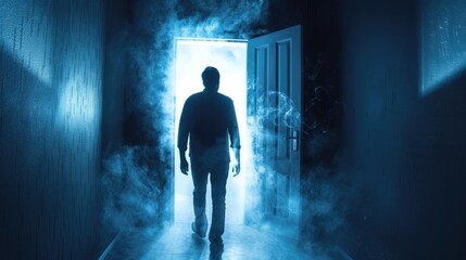 Man getting out from the darkness opening door