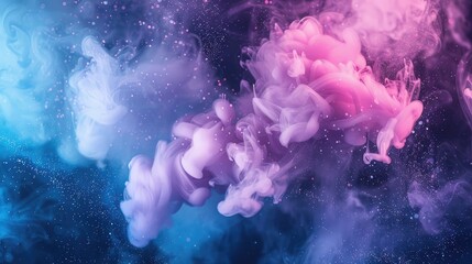 Paint Ink drop in water, Motion color explosion smoke, Blue pink color fluid splash vapor cloud on glitter dust texture black abstract art background
